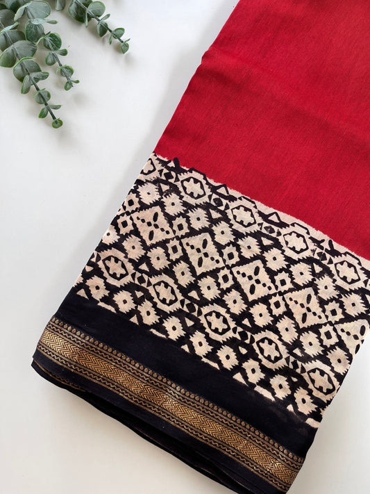 Red Block Printed Cotton Silk Saree